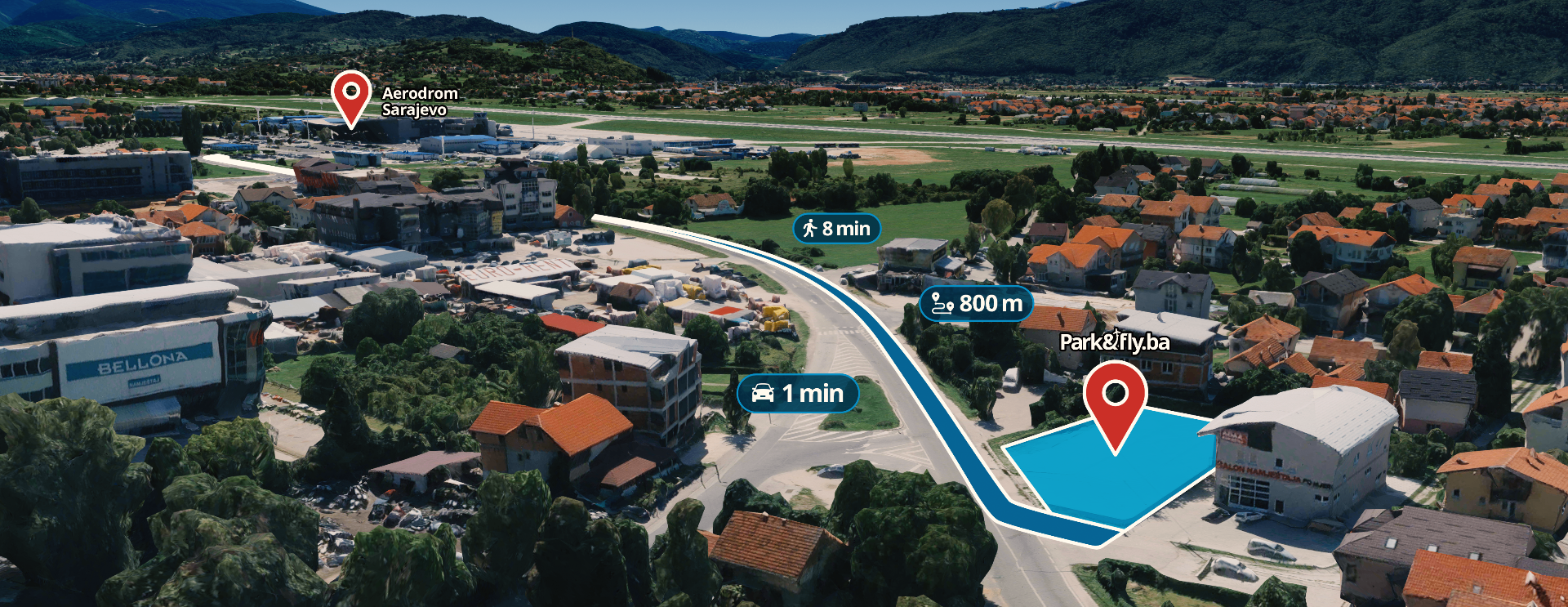 Park&Fly — pogled iz vazduha s rutom do aerodroma Sarajevo